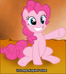 Size: 887x1000 | Tagged: safe, pinkie pie, earth pony, pony, caption, female, joke, mare, pink coat, pink mane, solo