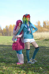 Size: 2475x3712 | Tagged: safe, artist:kiosa, artist:sardiini, derpibooru import, pinkie pie, rainbow dash, human, clothes, cosplay, goggles, irl, irl human, leg warmers, outdoors, photo, socks, striped socks