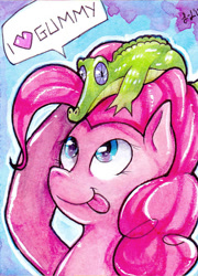 Size: 500x696 | Tagged: dead source, safe, artist:greyradian, gummy, pinkie pie, earth pony, pony, cute, diapinkes, heart, solo, speech bubble, tongue out