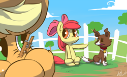 Size: 1474x900 | Tagged: safe, artist:atryl, apple bloom, applejack, winona, dog, earth pony, pony, clothespin, cute, female, filly, implied farting, mare, sweet apple acres, wasn't me