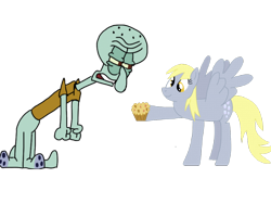 Size: 1024x768 | Tagged: safe, artist:schocky, derpy hooves, pegasus, pony, crossover, female, mare, muffin, spongebob squarepants, squidward tentacles