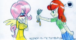 Size: 1280x669 | Tagged: safe, artist:heather-is-me, carrot top, fluttershy, golden harvest, 30 minute art challenge, belly button, blushing, carrot, clothes, dress, humanized, midriff, traditional art, winged humanization