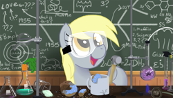 Size: 1023x576 | Tagged: safe, artist:zicygomar, derpy hooves, smooze, pegasus, pony, g1, back to the future, carrot, cute, derpabetes, donut, female, goggles, hammer, laboratory, mare, muffin, science, this will end in tears, what is love