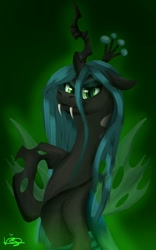 Size: 800x1280 | Tagged: safe, artist:lordofthefeathers, queen chrysalis, changeling, changeling queen, fangs, female, floppy ears, smiling, solo