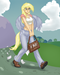 Size: 960x1200 | Tagged: safe, artist:aphexangel, derpy hooves, clothes, humanized, mail, midriff, short shirt, tailed humanization, winged humanization