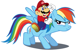 Size: 2284x1522 | Tagged: safe, artist:flutterflyraptor, derpibooru import, rainbow dash, pegasus, pony, crossover, humans riding ponies, mario, riding, simple background, super mario bros., transparent background