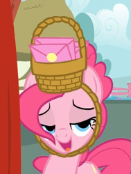 Size: 435x576 | Tagged: safe, screencap, pinkie pie, earth pony, pony, party of one, basket, basket hat, door, hat, lidded eyes, out of context, solo