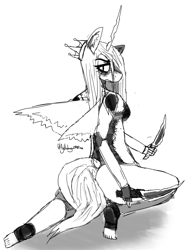 Size: 1024x1347 | Tagged: safe, artist:itzdatag0ndray, queen chrysalis, anthro, changeling, changeling queen, plantigrade anthro, dagger, ear fluff, knife, looking at you, looking back, monochrome, sketch, solo, weapon