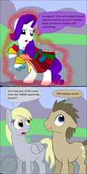 Size: 1000x1997 | Tagged: safe, artist:mountainlygon, derpy hooves, doctor whooves, rarity, pegasus, pony, unicorn, magic duel, comic, coward, cravat, felt, female, frock coat, if only, karma, mare, polka dots, rarity being rarity, rariwimp, retribution, scrunchy face, sixth doctor, tartan