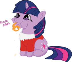 Size: 2882x2498 | Tagged: safe, artist:finalflutter, derpibooru import, twilight sparkle, clothes, filly, pretzel, santa costume, solo, younger