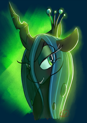 Size: 571x800 | Tagged: safe, artist:ryuredwings, queen chrysalis, changeling, changeling queen, abstract background, beautiful, bust, female, glow, grin, lidded eyes, looking at you, portrait, smiling, smirk, solo