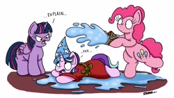 Size: 2679x1510 | Tagged: safe, artist:bobthedalek, pinkie pie, starlight glimmer, twilight sparkle, twilight sparkle (alicorn), alicorn, pony, every little thing she does, angry, bipedal, bucket, clothes, crossover, dialogue, disney, fantasia, hat, looking at each other, looking down, looking up, open mouth, prone, robe, simple background, the sorcerer's apprentice, unamused, water, wet, white background, wide eyes, wizard hat