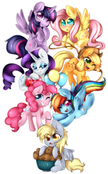 Size: 2596x4147 | Tagged: safe, artist:mixipony, derpibooru import, applejack, derpy hooves, fluttershy, pinkie pie, rainbow dash, rarity, twilight sparkle, twilight sparkle (alicorn), alicorn, earth pony, pegasus, pony, unicorn, balloon, female, fire ruby, lasso, mane six, mare, muffin