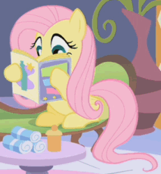 Size: 283x306 | Tagged: safe, screencap, fluttershy, pegasus, pony, green isn't your color, animated, cropped, magazine, reading, sitting, solo