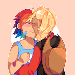 Size: 800x800 | Tagged: safe, artist:snovve, derpibooru import, applejack, rainbow dash, human, appledash, female, humanized, lesbian, nuzzling, shipping, smooch, wavy mouth