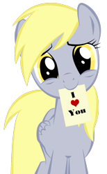 Size: 800x1300 | Tagged: safe, artist:krellyan, edit, derpy hooves, pegasus, pony, c:, cute, derpabetes, female, head tilt, heart, lidded eyes, looking at you, mare, mouth hold, note, simple background, smiling, solo, text, transparent background, underp, valentine, vector