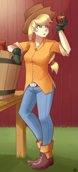 Size: 527x1162 | Tagged: safe, artist:sallymon, applejack, human, belt, clothes, cute, humanized, pants