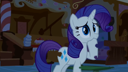 Size: 1280x720 | Tagged: safe, edit, edited screencap, screencap, rarity, pony, unicorn, autocannibalism, bite mark, biting, cannibalism, eating, marshmallow, nom, rarity is a marshmallow, wat