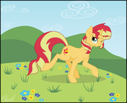 Size: 10338x8439 | Tagged: safe, artist:owlisun, sunset shimmer, pony, unicorn, absurd resolution, cutie mark, female, flower, happy, mare, meadow, sky, smiling, solo, vector