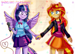 Size: 1512x1080 | Tagged: safe, artist:lelka-philka, sunset shimmer, twilight sparkle, equestria girls, rainbow rocks, female, lesbian, ponied up, shipping, sunsetsparkle