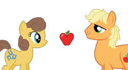 Size: 1273x704 | Tagged: safe, artist:starryoak, applejack, applejack (male), toffee, earth pony, pony, female, hatless, male, missing accessory, rule 63, shipping, simple background, straight, toffeejack, transparent background