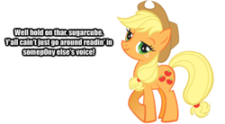 Size: 600x330 | Tagged: safe, applejack, earth pony, pony, blonde mane, female, get out of my head, mare, orange coat, solo, text