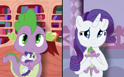 Size: 2110x1306 | Tagged: safe, rarity, spike, dragon, pony, unicorn, female, hilarious in hindsight, male, plushie, rarity plushie, shipping, sparity, spike plushie, straight