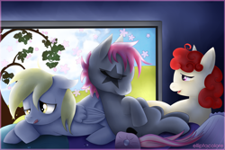 Size: 1280x853 | Tagged: safe, artist:elliptacolore, derpy hooves, twist, oc, pegasus, pony, female, mare, sleepover