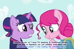 Size: 855x564 | Tagged: safe, artist:gikima, derpibooru import, pinkie pie, twilight sparkle, earth pony, pony, alternate hairstyle, chinese, clothes, dialogue, fake screencap, filipino, fourth wall, subtitles