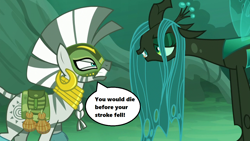 Size: 1280x720 | Tagged: safe, edit, edited screencap, screencap, queen chrysalis, zecora, changeling, changeling queen, season 5, the cutie re-mark, alternate timeline, chrysalis resistance timeline, ear piercing, earring, everfree forest, female, jewelry, legolas, lord of the rings, movie quote, piercing, speech bubble, the two towers