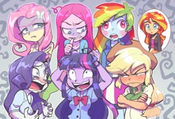 Size: 736x500 | Tagged: safe, artist:jirousan, applejack, fluttershy, pinkie pie, rainbow dash, rarity, sunset shimmer, twilight sparkle, twilight sparkle (alicorn), alicorn, equestria girls, angry, applejack is not amused, applejack's hat, blushing, bow, bowtie, clothes, cowboy hat, crying, cutie mark failure insanity syndrome, derp, everypony in this town is crazy, female, flutterbitch, freckles, hat, humane seven, insanity, mane six, marshmelodrama, nervous, open mouth, pinkamena diane pie, rainbow derp, rarisnap, sane, twilight snapple, unamused
