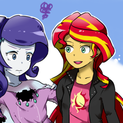 Size: 700x700 | Tagged: safe, artist:dlsnzkti1212, rarity, sunset shimmer, equestria girls, clothes, duo, female, jacket, leather jacket, open mouth, shirt