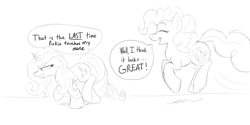 Size: 1100x550 | Tagged: safe, artist:jinyaranda, pinkie pie, rarity, earth pony, pony, unicorn, messy mane, pronking, sketch