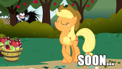 Size: 960x540 | Tagged: safe, edit, edited screencap, screencap, applejack, earth pony, pony, friendship is magic, apple, caption, crossover, death note, image macro, ryuk, shinigami, soon