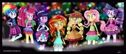 Size: 5785x2489 | Tagged: safe, artist:vixelzf, applejack, fluttershy, gummy, pinkie pie, rainbow dash, rarity, sunset shimmer, twilight sparkle, twilight sparkle (alicorn), alicorn, equestria girls, friendship through the ages, rainbow rocks, blushing, country applejack, folk fluttershy, humane seven, humane six, mane six, new wave pinkie, rainbow punk, sgt. rarity, sleeveless, strapless