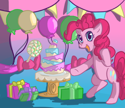 Size: 1600x1387 | Tagged: safe, artist:dem-d3m, pinkie pie, earth pony, pony, balloon, cake, party, present, solo