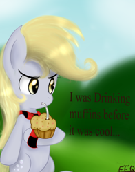 Size: 600x767 | Tagged: safe, derpy hooves, pegasus, pony, before it was cool, female, hipster, mare, muffin, underp
