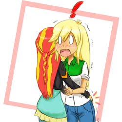 Size: 1000x1000 | Tagged: safe, artist:jumboz95, applejack, sunset shimmer, equestria girls, appleshimmer, blushing, braid, butt touch, exclamation point, female, hand on butt, lesbian, molestation, shipping, surprised