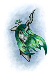 Size: 2220x3130 | Tagged: safe, artist:nightpaint12, queen chrysalis, changeling, changeling queen, bust, evil grin, female, grin, portrait, smiling, solo, traditional art