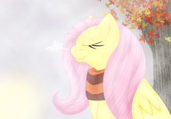 Size: 988x688 | Tagged: safe, artist:bloodmoonwerewolf, fluttershy, pegasus, pony, clothes, eyes closed, scarf, solo, tree