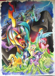 Size: 586x800 | Tagged: safe, artist:andypriceart, idw, applejack, fluttershy, pinkie pie, queen chrysalis, rainbow dash, rarity, twilight sparkle, changeling, changeling queen, earth pony, pegasus, pony, unicorn, the return of queen chrysalis, castle, changeling slime, comic cover, cover, lightning, mane six, slime, traditional art, trapped