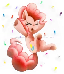 Size: 971x1131 | Tagged: safe, artist:genie-chan, artist:genystar, pinkie pie, earth pony, pony, confetti, eyes closed, happy, jumping, party, smiling, solo, traditional art