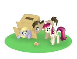 Size: 975x750 | Tagged: safe, artist:author-chan, derpy hooves, doctor whooves, roseluck, crab, pegasus, pony, box, cardboard box, cute, cuteluck, derpabetes, doctorbetes, female, gameloft, hermit crab, mare, shell