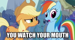 Size: 625x336 | Tagged: safe, edit, edited screencap, screencap, applejack, rainbow dash, earth pony, pegasus, pony, caption, female, image macro, mare, out of context