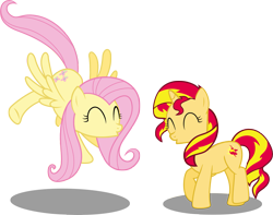 Size: 4213x3320 | Tagged: safe, artist:shutterflyeqd, fluttershy, sunset shimmer, pegasus, pony, unicorn, dancing, simple background, transparent background, vector