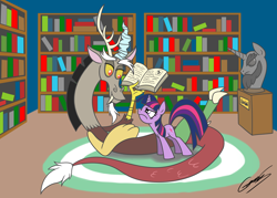 Size: 2800x2000 | Tagged: safe, artist:gearholder, derpibooru import, discord, twilight sparkle, book, library