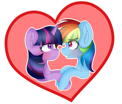 Size: 2191x1887 | Tagged: safe, artist:cosmiickatie, derpibooru import, rainbow dash, twilight sparkle, pegasus, pony, unicorn, blushing, female, heart, lesbian, looking at each other, mare, multicolored hair, shipping, smiling, twidash