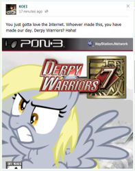 Size: 415x527 | Tagged: safe, artist:nickyv917, derpy hooves, pegasus, pony, box art, dynasty warriors, facebook, female, game cover, koei, mare, meta, official, parody, video game