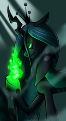 Size: 1920x3500 | Tagged: safe, artist:imskull, queen chrysalis, changeling, changeling queen, angry, female, fire, glowing hooves, magic, raised hoof, solo