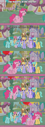 Size: 500x1401 | Tagged: safe, edit, edited screencap, screencap, aura (character), cloud kicker, dinky hooves, dizzy twister, doctor whooves, liza doolots, meadow song, minuette, orange swirl, petunia, pinkie pie, sassaflash, sea swirl, seafoam, spring melody, sprinkle medley, sunshower raindrops, tootsie flute, earth pony, pony, it's about time, alicorn drama, comic, dialogue, image macro, meme